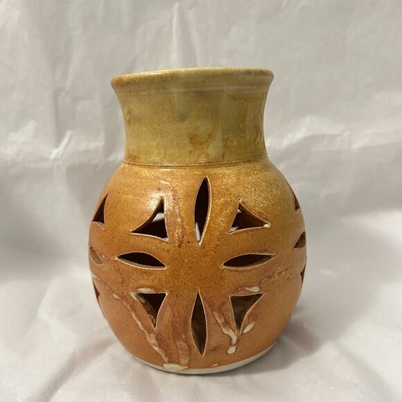 Walt Glass Art Pottery Signed Desert Brown Drip Cut Out Candle Holder Luminary - Picture 3 of 14